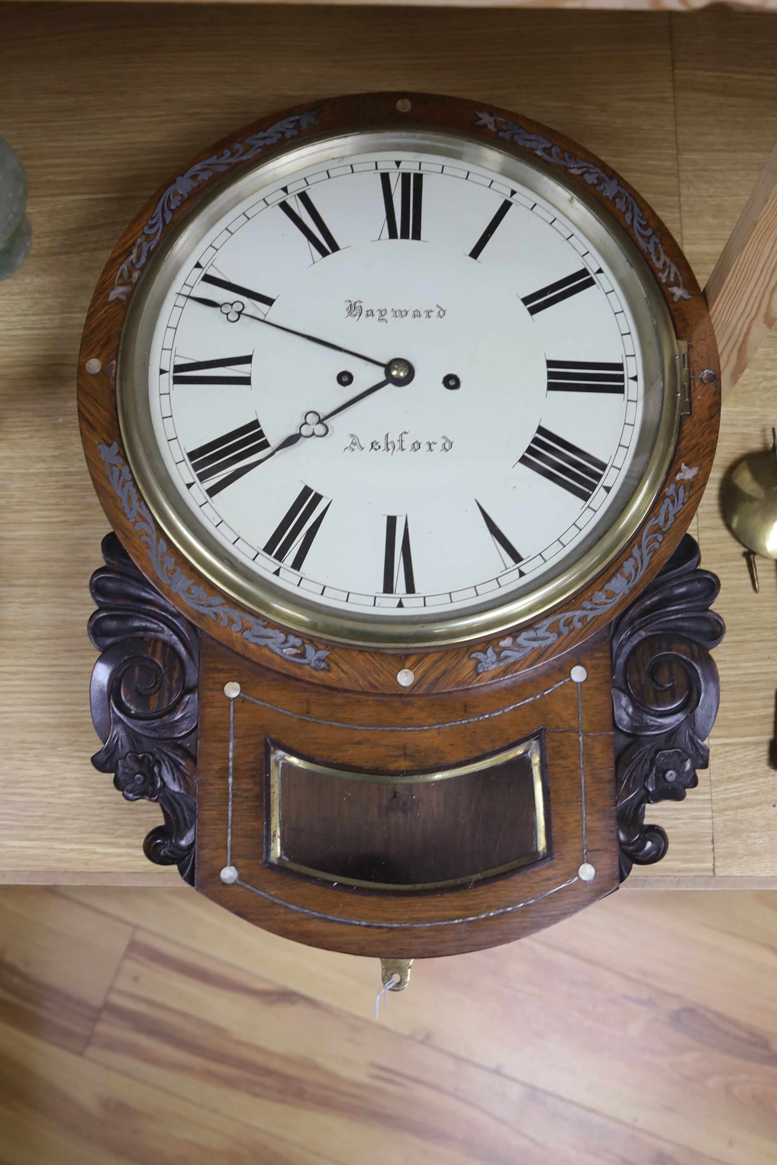 A Victorian inlaid rosewood drop dial wall clock by Edward Haywood, Ashford, length 51cm